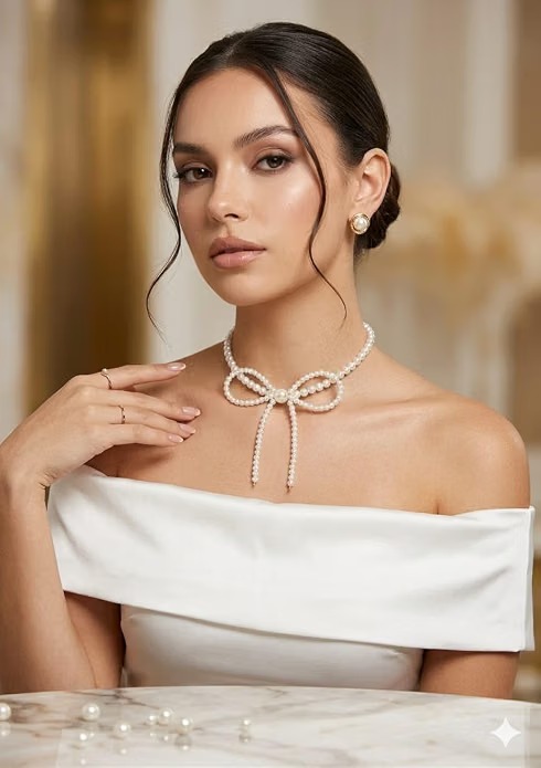 Pearl Bow Choker Necklace for Women | Adjustable