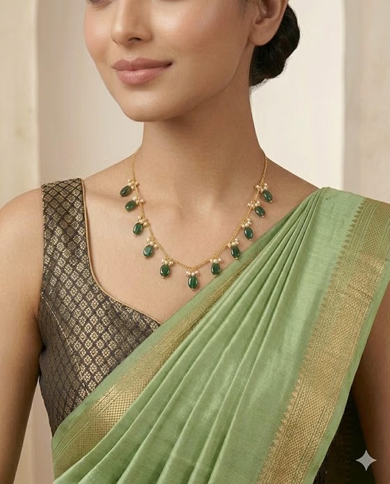 Green Stone Pearl Necklace for Women | Gold Plated