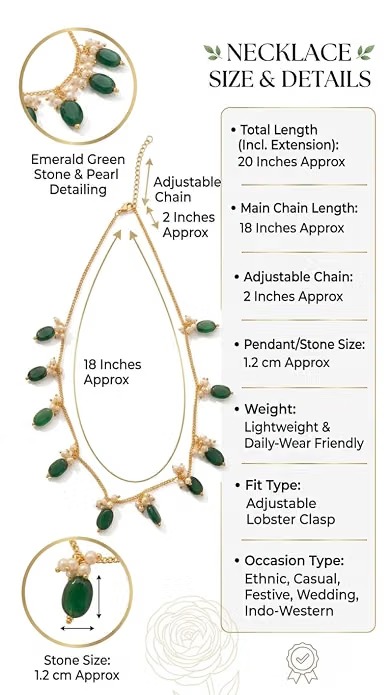 Green Stone Pearl Necklace for Women | Gold Plated - Image 6