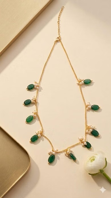 Green Stone Pearl Necklace for Women | Gold Plated - Image 4