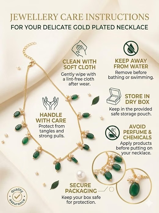 Green Stone Pearl Necklace for Women | Gold Plated - Image 7