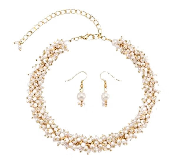 Handcrafted Cluster Pearl Choker Necklace Set - Image 2
