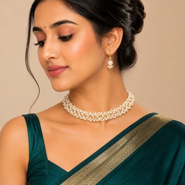 Handcrafted Cluster Pearl Choker Necklace Set