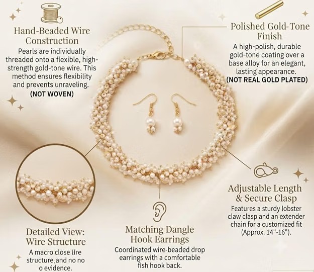 Handcrafted Cluster Pearl Choker Necklace Set - Image 6