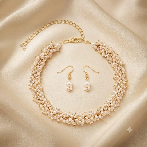 Handcrafted Cluster Pearl Choker Necklace Set - Image 3