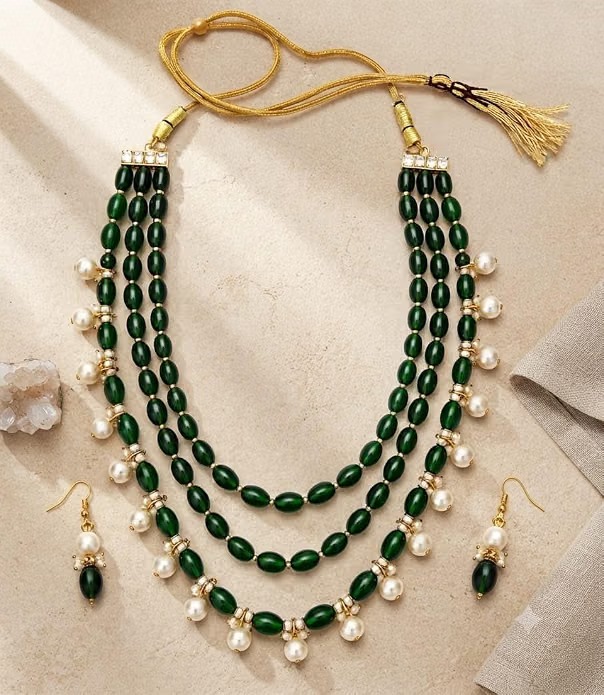 Green Pearl Necklace Set for Women with Matching Earrings - Image 3