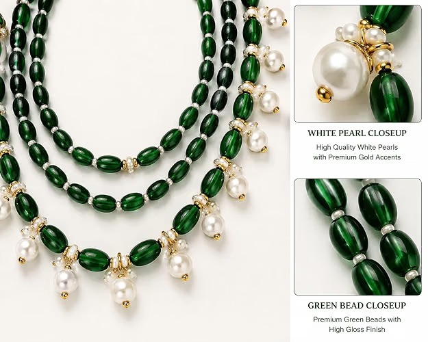 Green Pearl Necklace Set for Women with Matching Earrings - Image 5