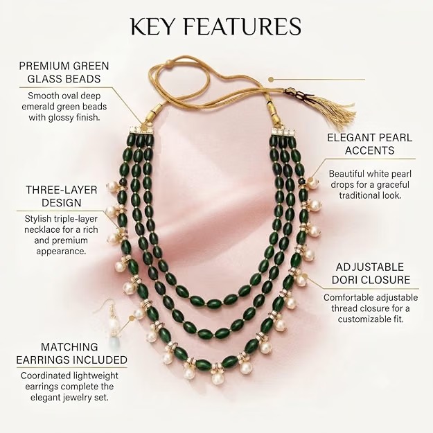 Green Pearl Necklace Set for Women with Matching Earrings - Image 6