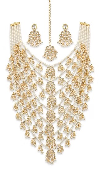 Bridal Pearl Kundan Necklace Set with Earrings & Maang Tikka - Image 3