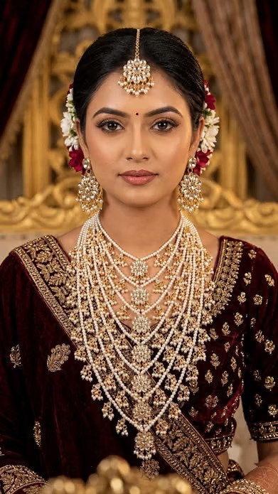 Bridal Pearl Kundan Necklace Set with Earrings & Maang Tikka