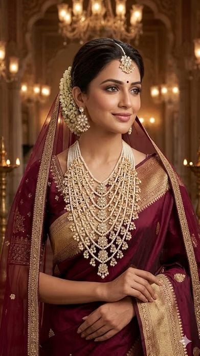 Bridal Pearl Kundan Necklace Set with Earrings & Maang Tikka - Image 2