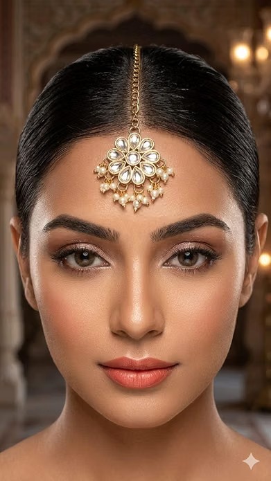 Bridal Pearl Kundan Necklace Set with Earrings & Maang Tikka - Image 5