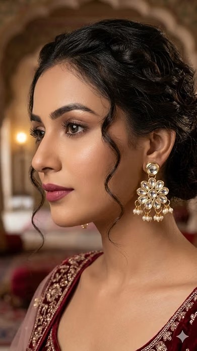 Bridal Pearl Kundan Necklace Set with Earrings & Maang Tikka - Image 6