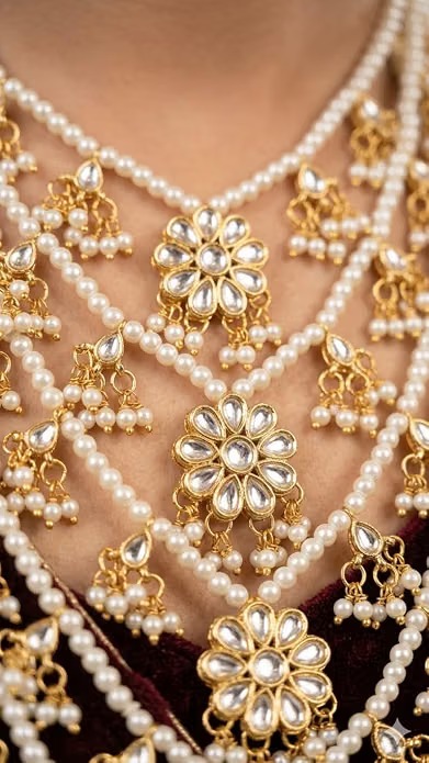 Bridal Pearl Kundan Necklace Set with Earrings & Maang Tikka - Image 4
